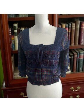 ABERCROMBIE & FITCH Navy Blue Plaid Peasant Top Size Small NEW NWT